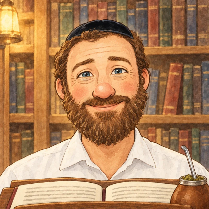 Eli, un avrej de barba castaña, kipá negra y ojos celestes, sonríe detrás del shtender con el sefer abierto y el mate, frente a una biblioteca de sefarim