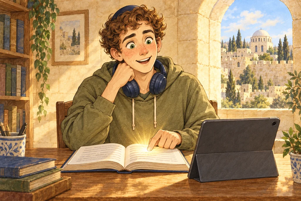 De día, junto a una ventana en arco, toca una palabra del libro y se le ilumina la cara: la entendió