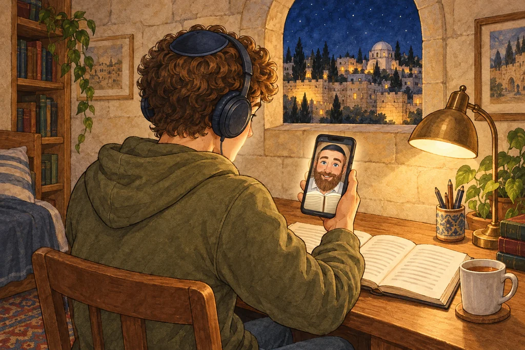 De noche, en su cuarto de piedra con vista a la Ciudad Vieja, con los auriculares puestos, escucha a Eli leer en el celular; lo vemos por encima de su hombro