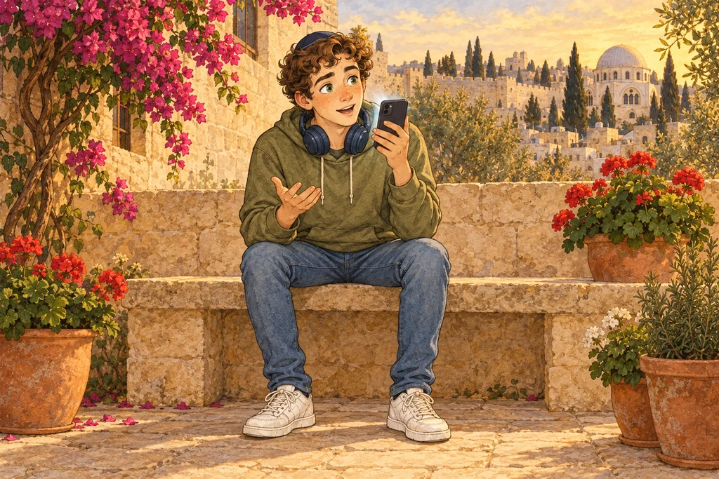 En un patio de piedra de Jerusalén con santa rita, sentado en un banco, le pregunta en voz alta al celular