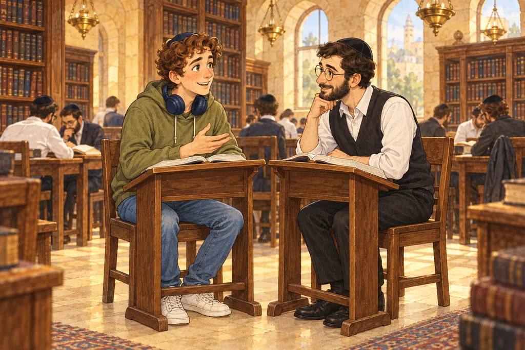 En un beit midrash con bibliotecas y lámparas de bronce, discute cara a cara con su javruta, de kipá, anteojos y chaleco negro