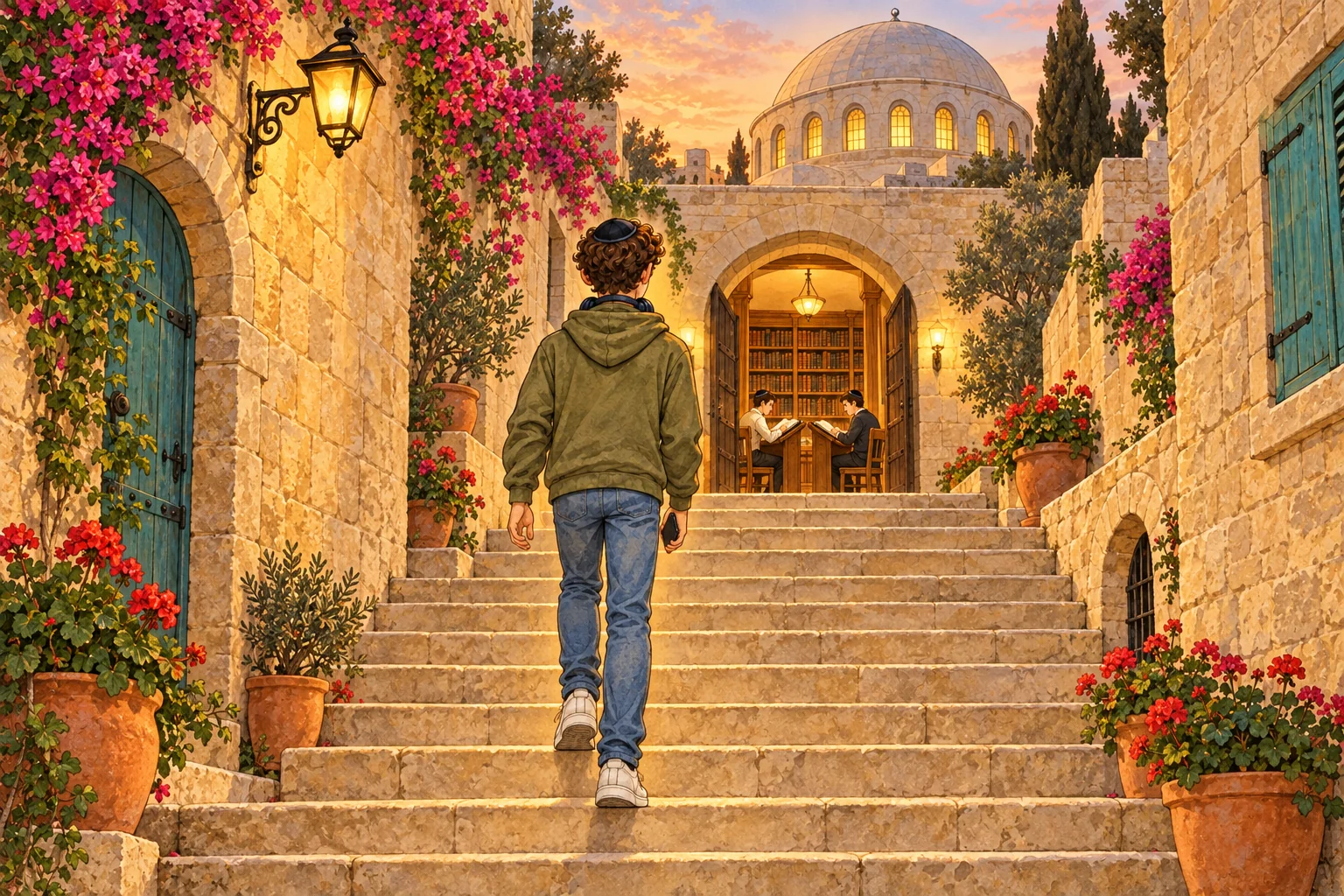 Al atardecer, en un callejón de piedra de la Ciudad Vieja de Jerusalén, con santa rita, faroles y puertas turquesa, un chico con kipá y buzo verde sube de espaldas una escalera de piedra. Arriba, la puerta abierta de un beit midrash iluminado, donde dos estudian en javruta frente a la biblioteca, con una gran cúpula de piedra detrás.