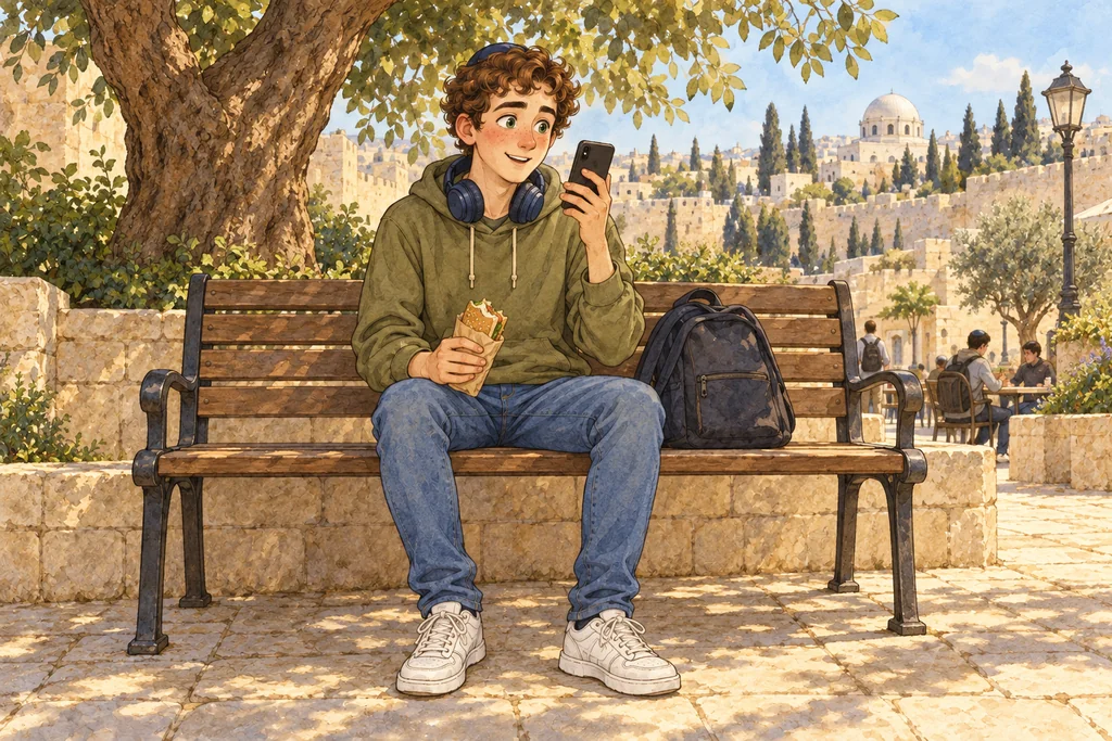 A la hora del almuerzo, en un banco de una plaza de piedra bajo un árbol, con un sándwich y el celular