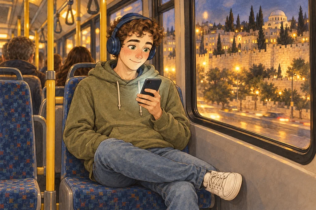 De noche en el colectivo, con los auriculares puestos, mira el celular junto a la ventana