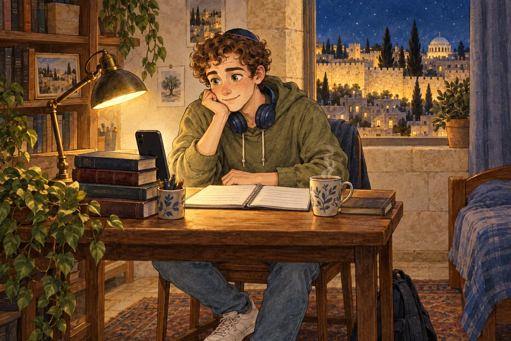 De noche en su escritorio, con la lámpara y un té, escucha el celular apoyado en unos libros